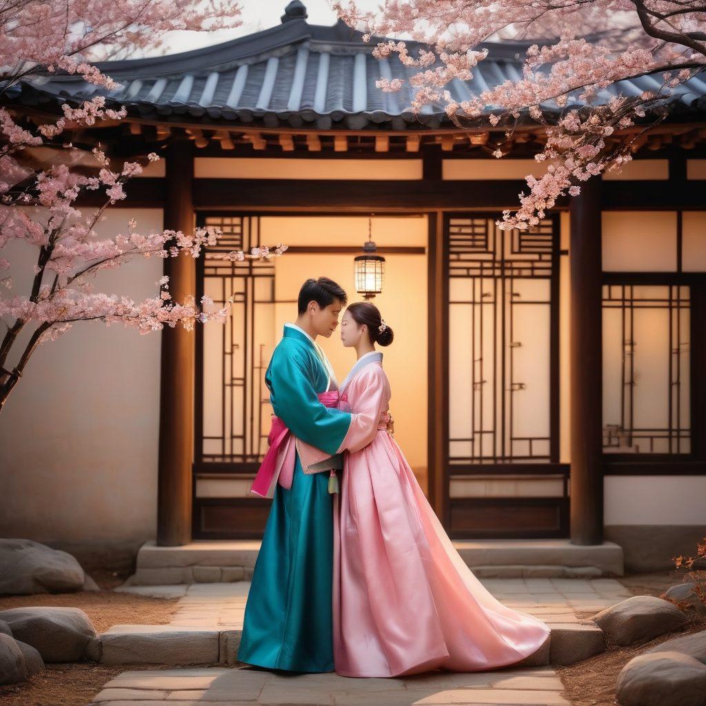 A serene and intimate setting featuring a couple in a traditional Korean hanbok, sharing a tender moment surrounded by cherry blossoms and soft lantern light. The background should depict a traditional Korean house with intricate wooden details, symbolizing culture and warmth. Incorporate elements that represent passion and connection, such as gentle hands touching or soft, warm lighting. super-realistic. vibrant colors. tranquil atmosphere.