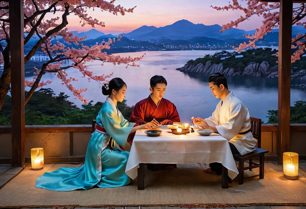 A romantic scene depicting a couple seated at a traditional Korean table, surrounded by beautiful Korean blossoms and soft candlelight. The atmosphere conveys intimacy, featuring symbols of love such as heart-shaped rice cakes. In the backdrop, a serene Korean landscape adds to the cultural essence. The color palette is warm and inviting, enhancing the mood of seduction and intimacy. super-realistic. vibrant colors. 3D.