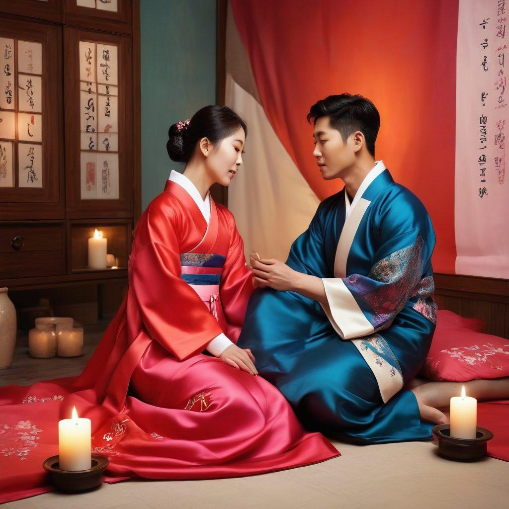 An artistic representation of a modern Korean couple sharing intimate moments, surrounded by symbols of sexual wellness like candles and soft fabrics. Include elements representing traditional Korean culture, such as Hanbok fabrics subtly interwoven with contemporary design. The background should feature a mix of urban and natural settings to highlight evolution. The scene should feel warm and inviting, emphasizing emotional connection and intimacy. painting. vibrant colors.